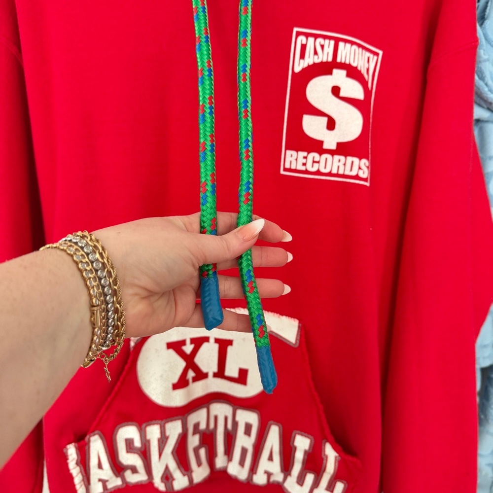 Vintage cash money hoodie upcycled with a basketball jersey and paracord